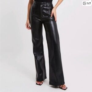 Wide Leg Faux Leather Pants - Black